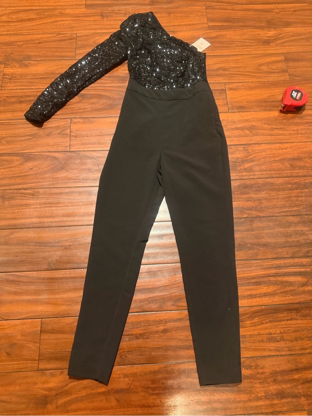 House of CB Black One-Shoulder Sequin Jumpsuit with Long Sleeve - Picture 2 of 9
